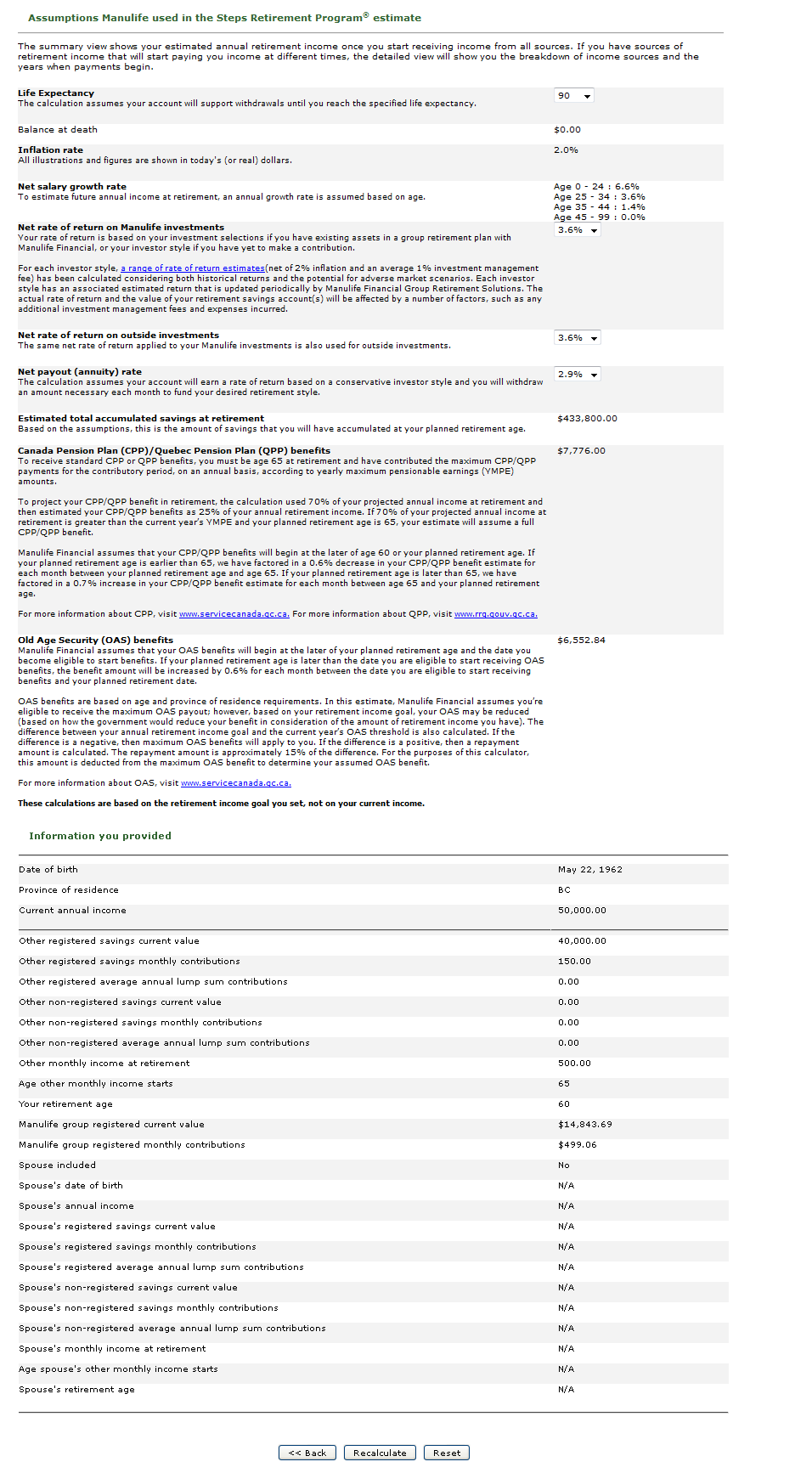 Assumptions Manulife used in the Steps Retirement Program illustration