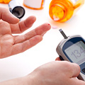 A glucose blood test can be done at home using a glucometer.